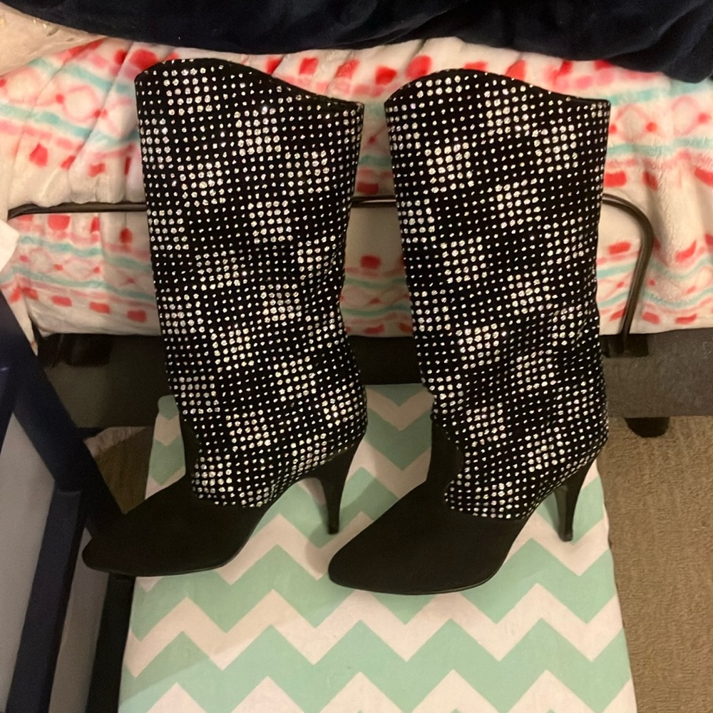 Non-Stop Faux Leather Heeled Boots with Rhinestones Size 5 1/2